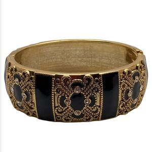 Vnt Style Gold Tone & Blk Enamel Hinged Cuff Bracelet Scrollwork w/ Rhinestones